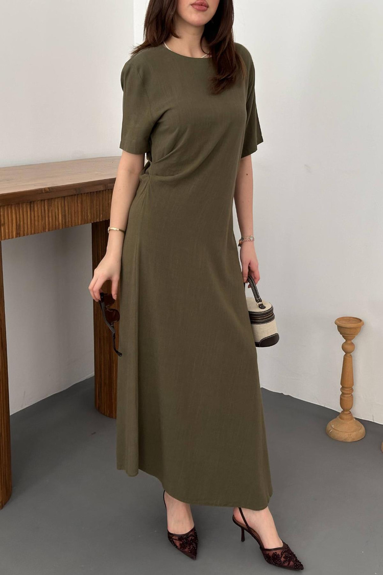Khaki Pleated Crew Neck Dress
