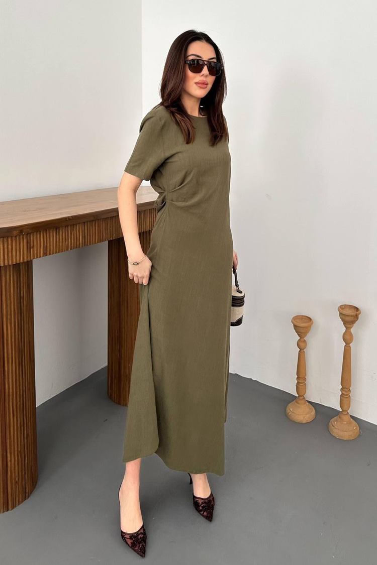 Khaki Pleated Crew Neck Dress