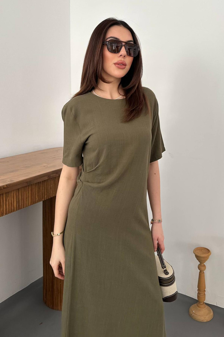 Khaki Pleated Crew Neck Dress