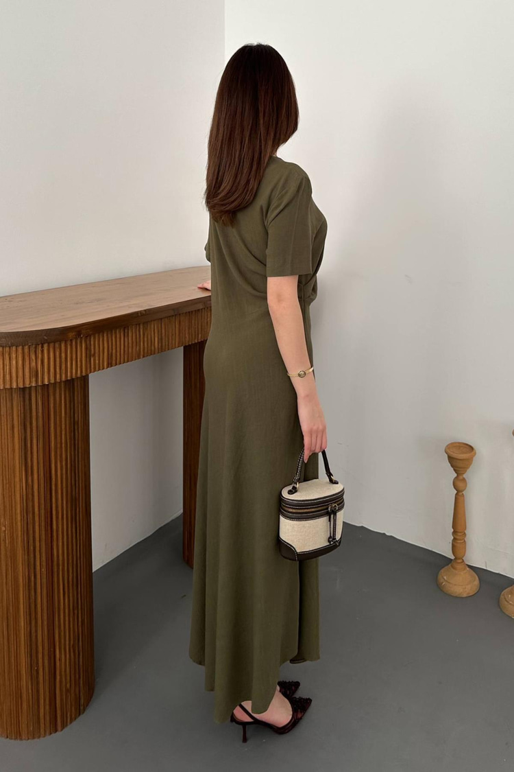 Khaki Pleated Crew Neck Dress