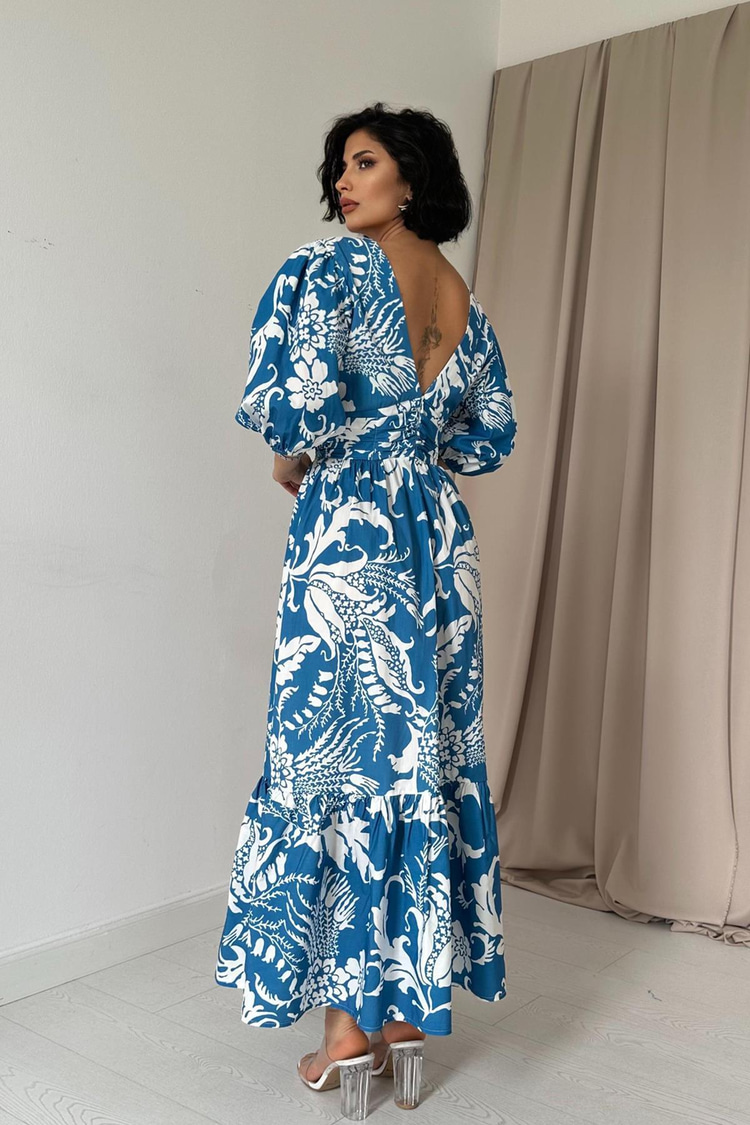 Indigo Patterned Balloon Sleeve Gathered Dress