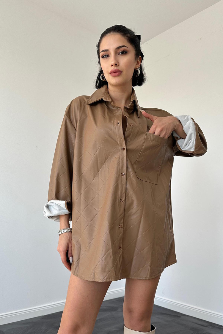 Brown Baklava Patterned Leather Shirt