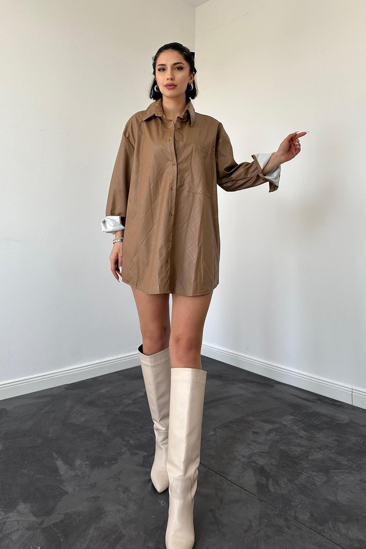 Brown Baklava Patterned Leather Shirt