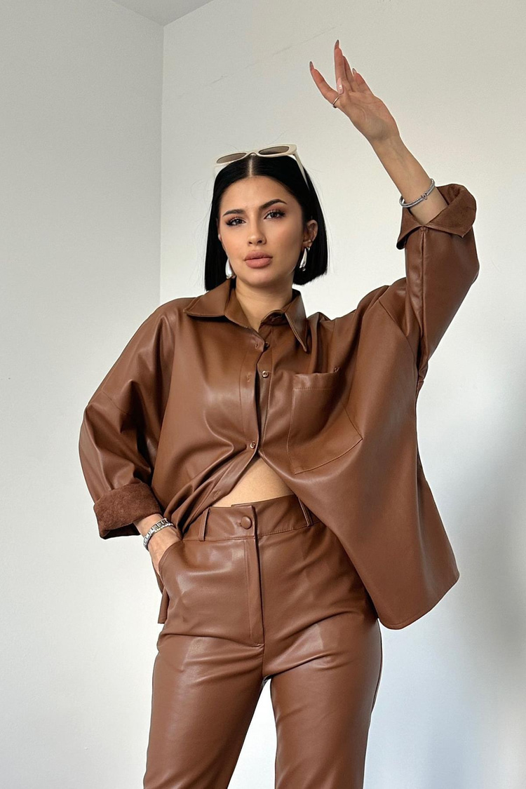 Brown Leather Shirt And Pants Set