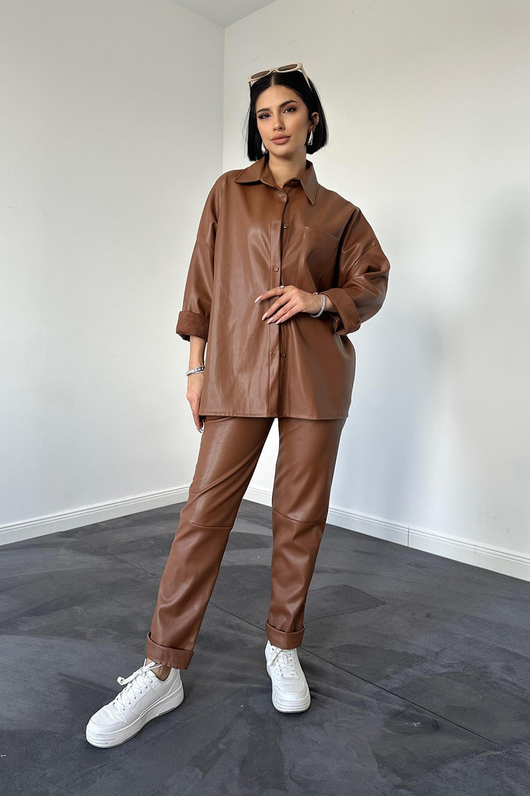 Brown Leather Shirt And Pants Set
