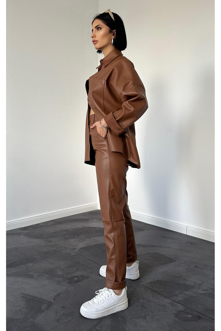 Brown Leather Shirt And Pants Set