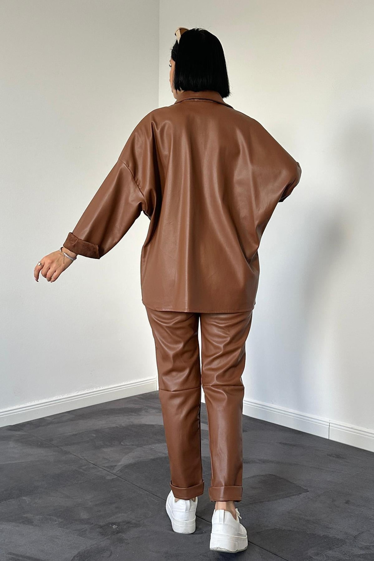 Brown Leather Shirt And Pants Set