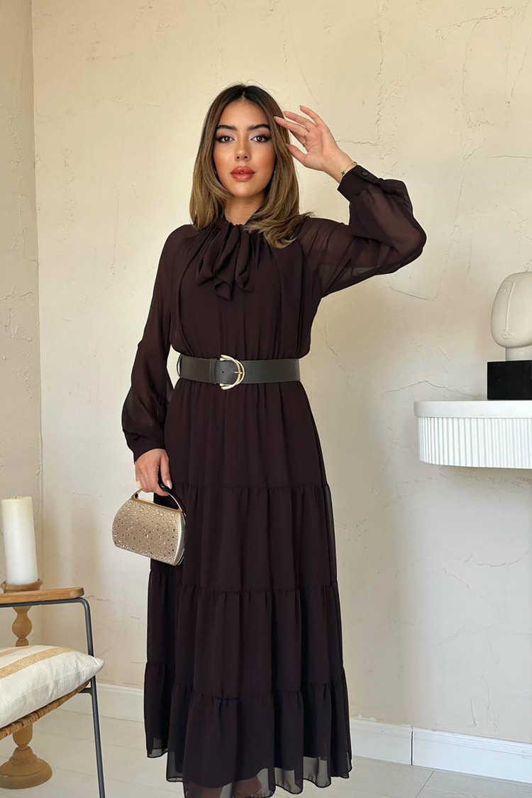 Brown Chiffon Dress With Scarf Collar Detail
