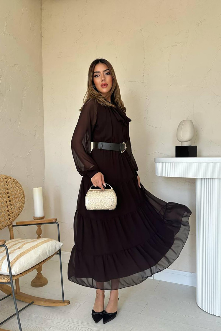Brown Chiffon Dress With Scarf Collar Detail