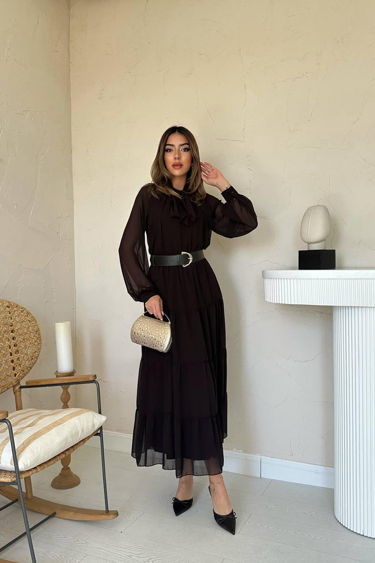 Brown Chiffon Dress With Scarf Collar Detail