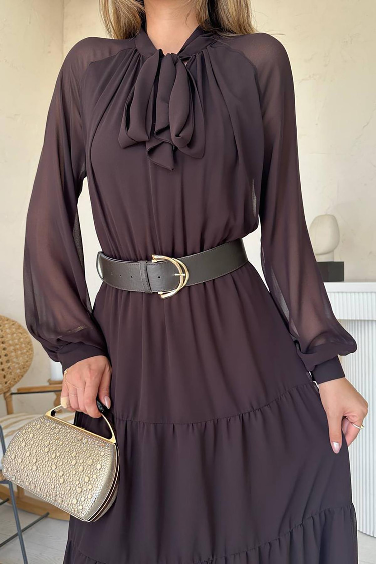 Brown Chiffon Dress With Scarf Collar Detail