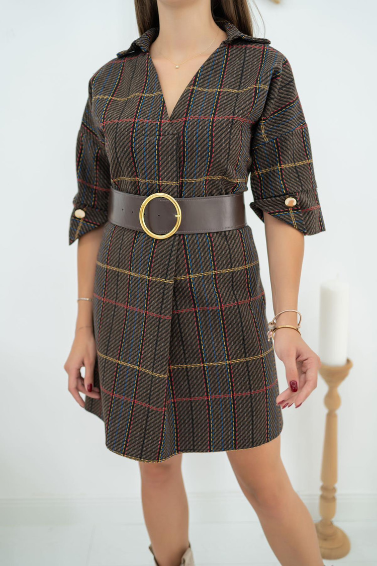 Brown Striped Mini Dress With Belt