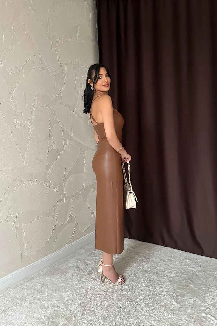 Brown Backless Leather Dress