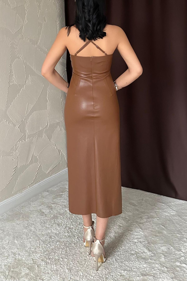 Brown Backless Leather Dress