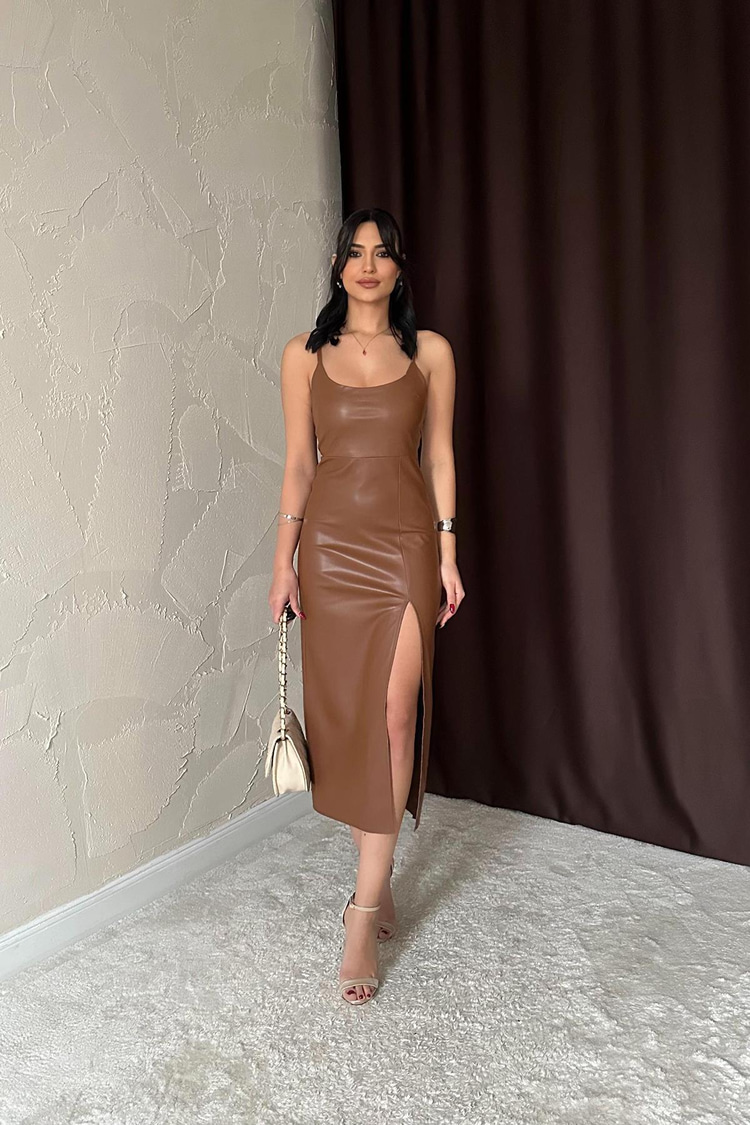 Brown Backless Leather Dress