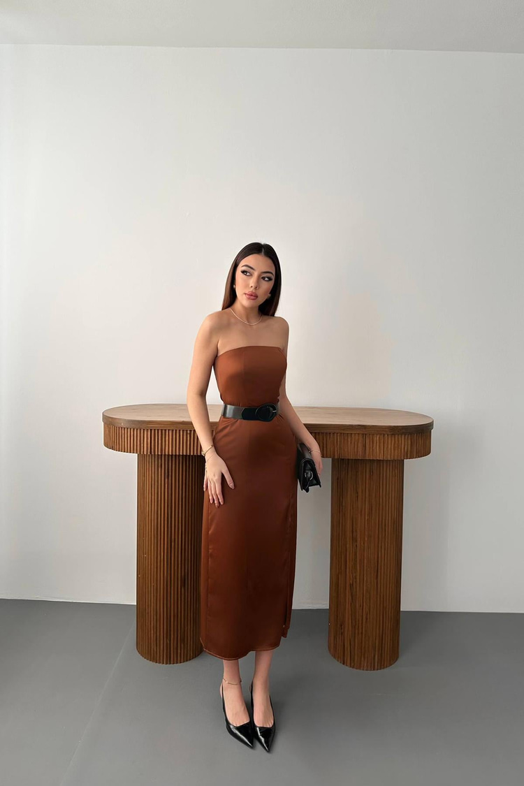 Brown Strapless Satin Dress