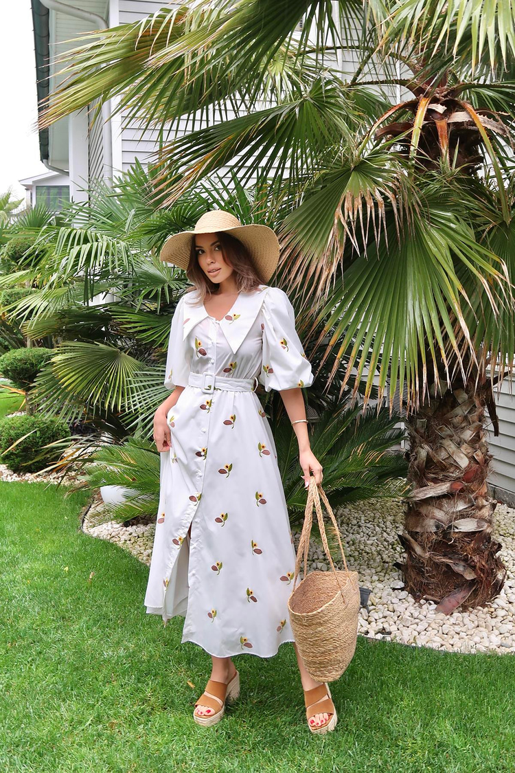 Brown Dress With Floral Pattern And Belt