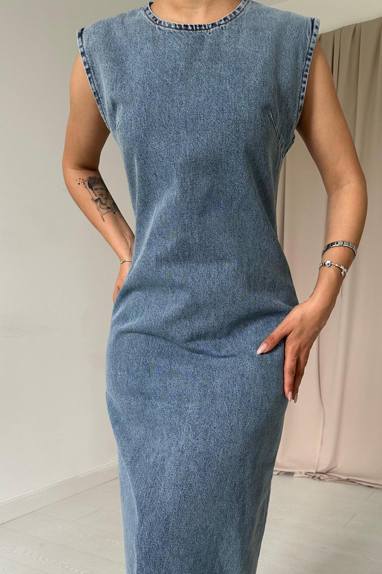 Snow Wash Sleeveless Denim Dress With Darts