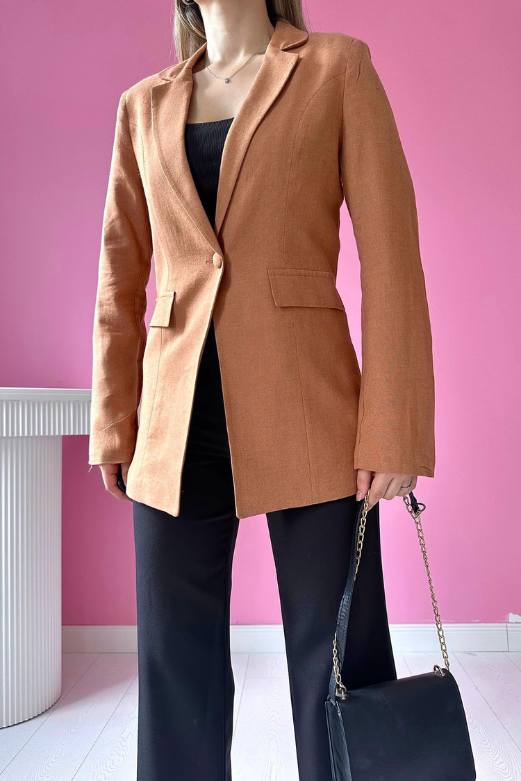 Tile-Colored Single-Button Linen Jacket