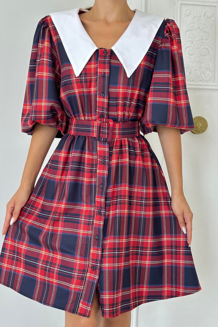 Red Peter Pan Collar Plaid Dress