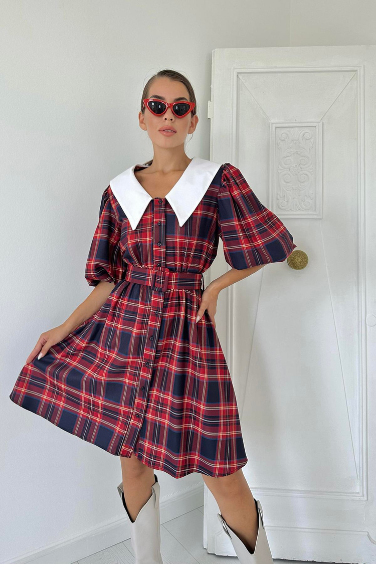 Red Peter Pan Collar Plaid Dress