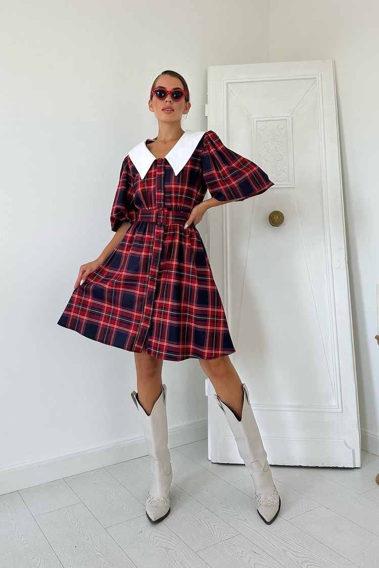 Red Peter Pan Collar Plaid Dress