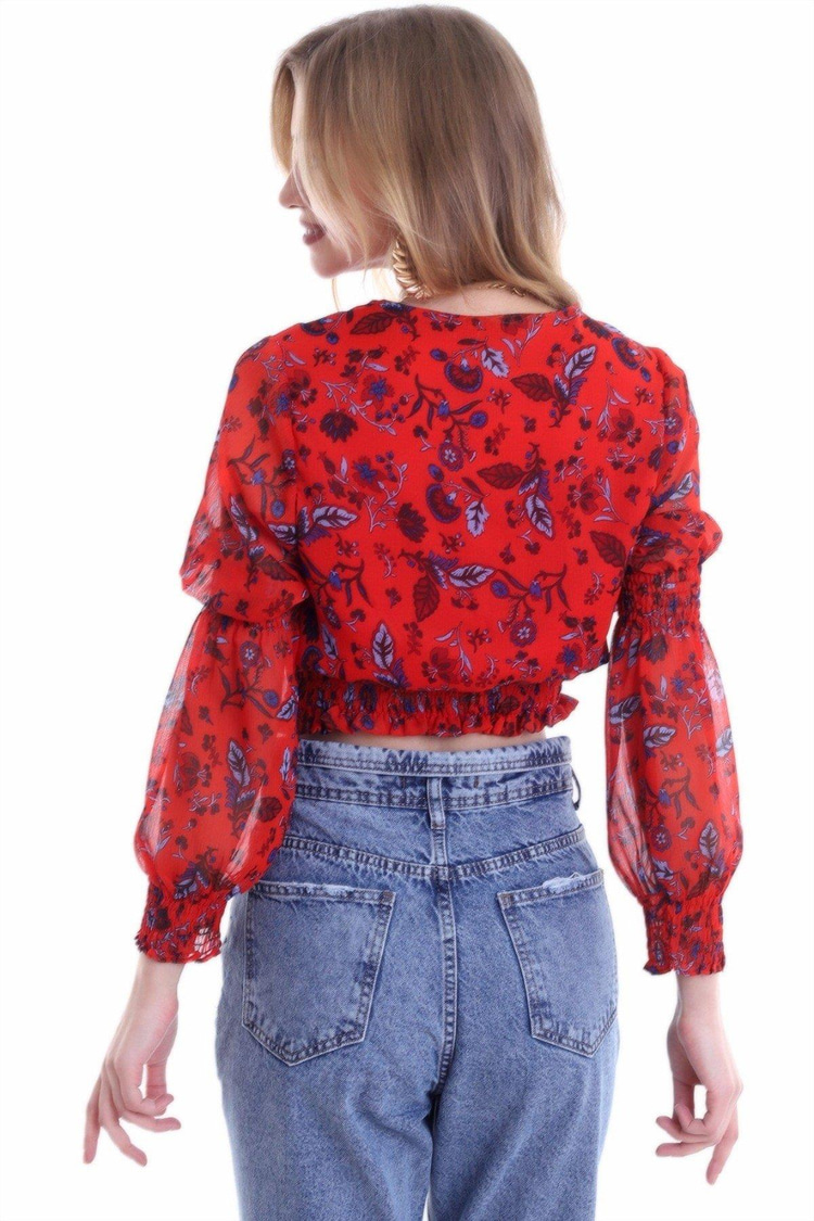 Red Blouse With Covered Yarn Detail Waist