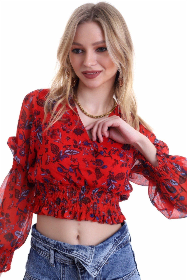 Red Blouse With Covered Yarn Detail Waist