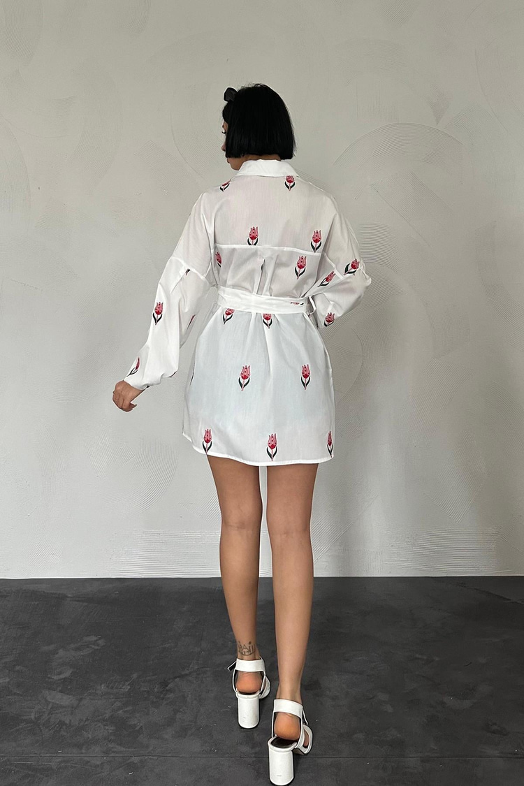 Red Voile Embroidered Belted Shirt