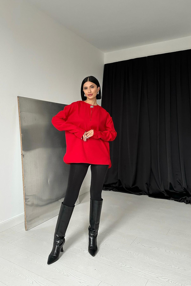 Red Collar Blouse With Brooch