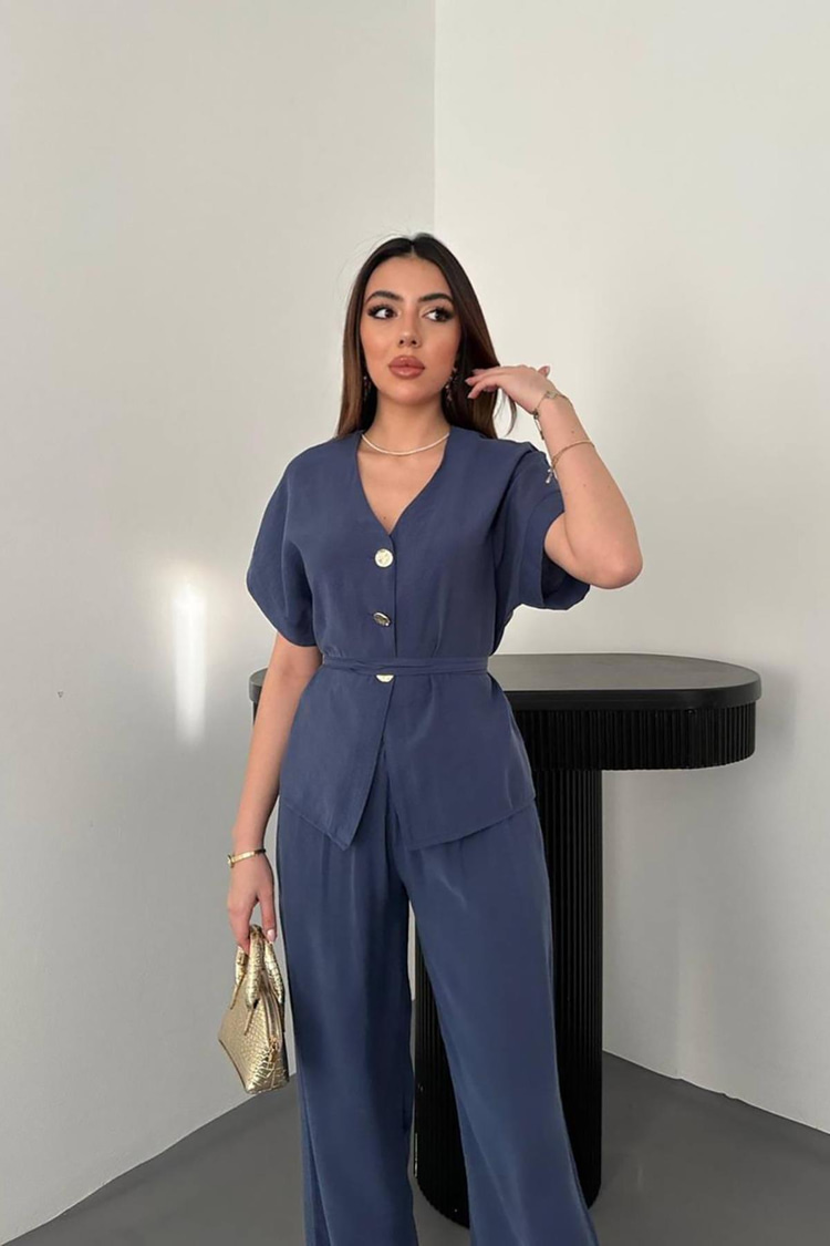 Navy Blue Button Detail Two-Piece Modal Set