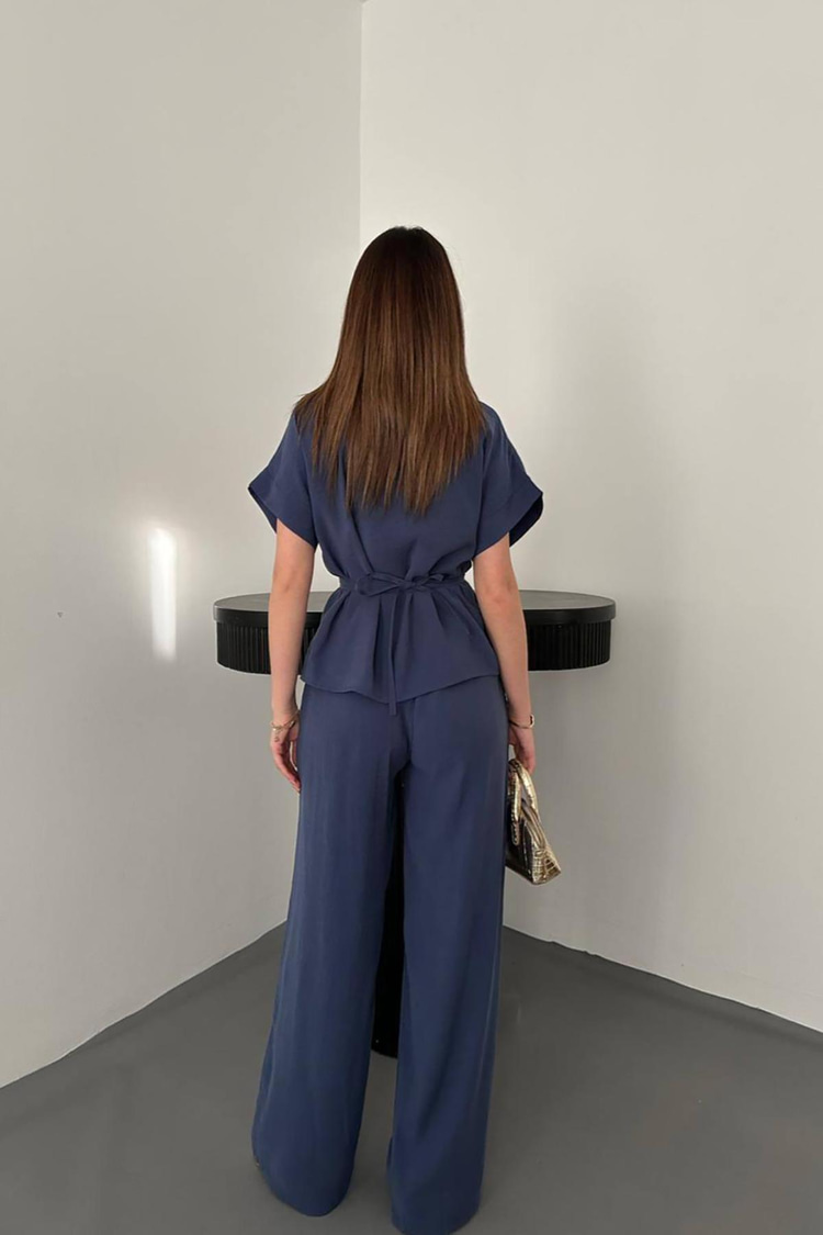 Navy Blue Button Detail Two-Piece Modal Set