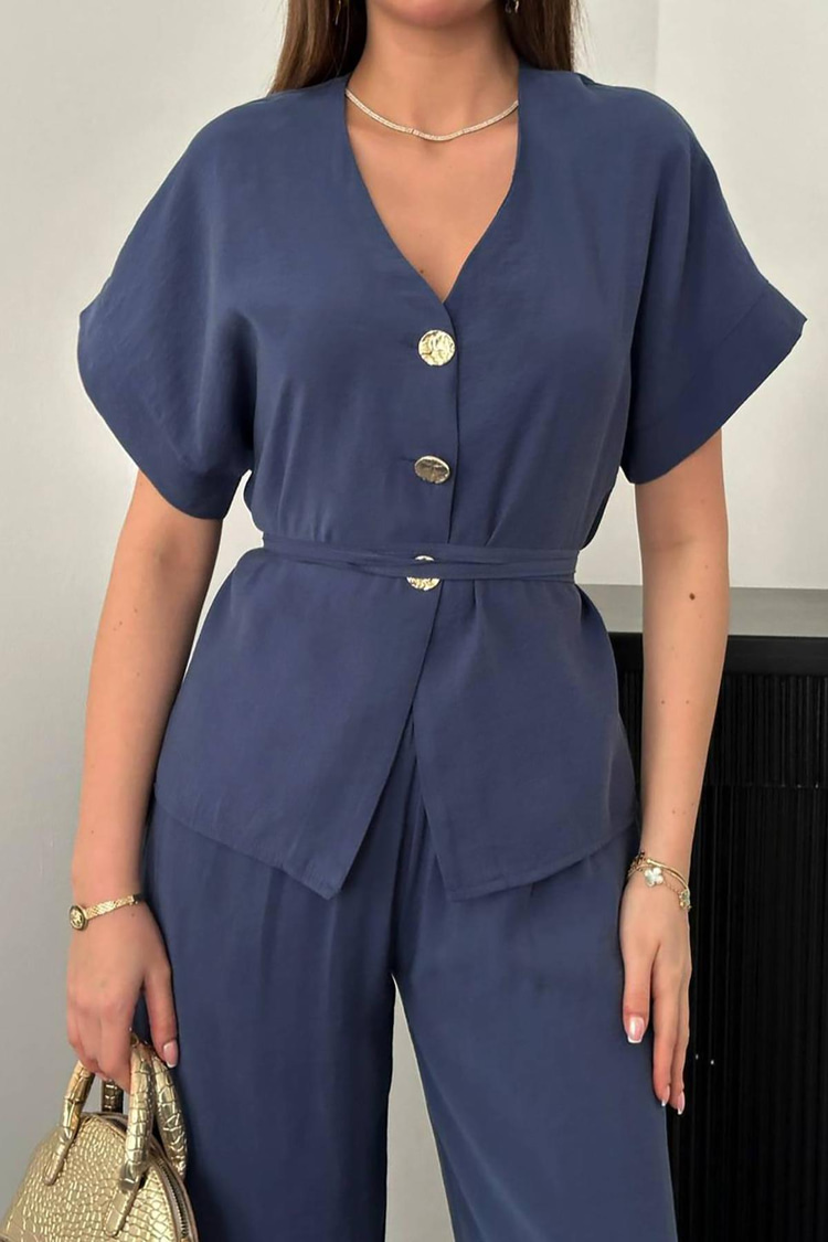 Navy Blue Button Detail Two-Piece Modal Set