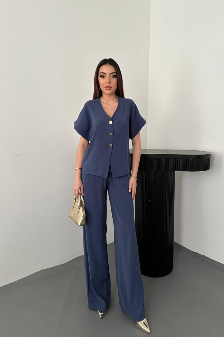 Navy Blue Button Detail Two-Piece Modal Set