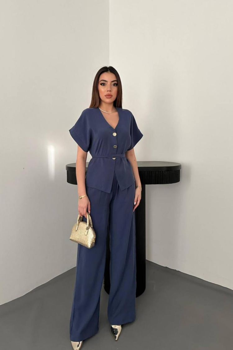 Navy Blue Button Detail Two-Piece Modal Set