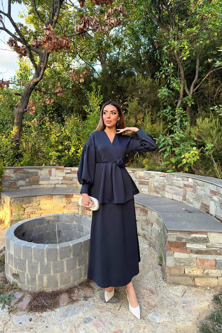Navy Blue Suit With Rose Details