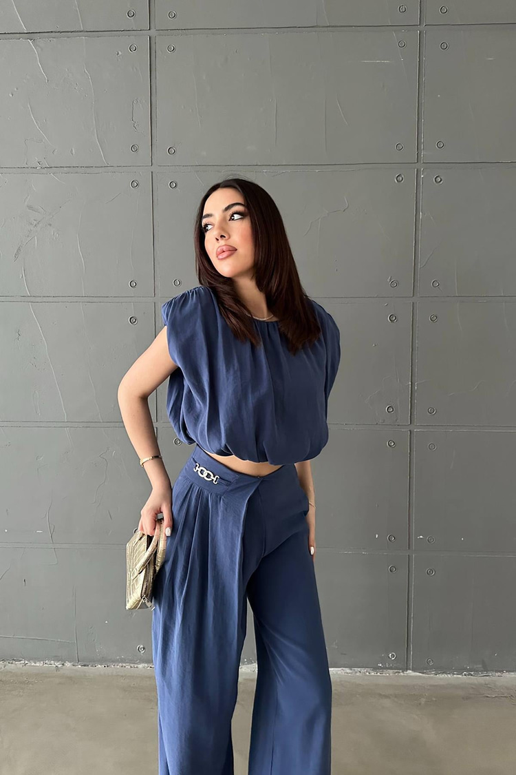 Lacivert Modal Bluz Ve Pantolon Takım