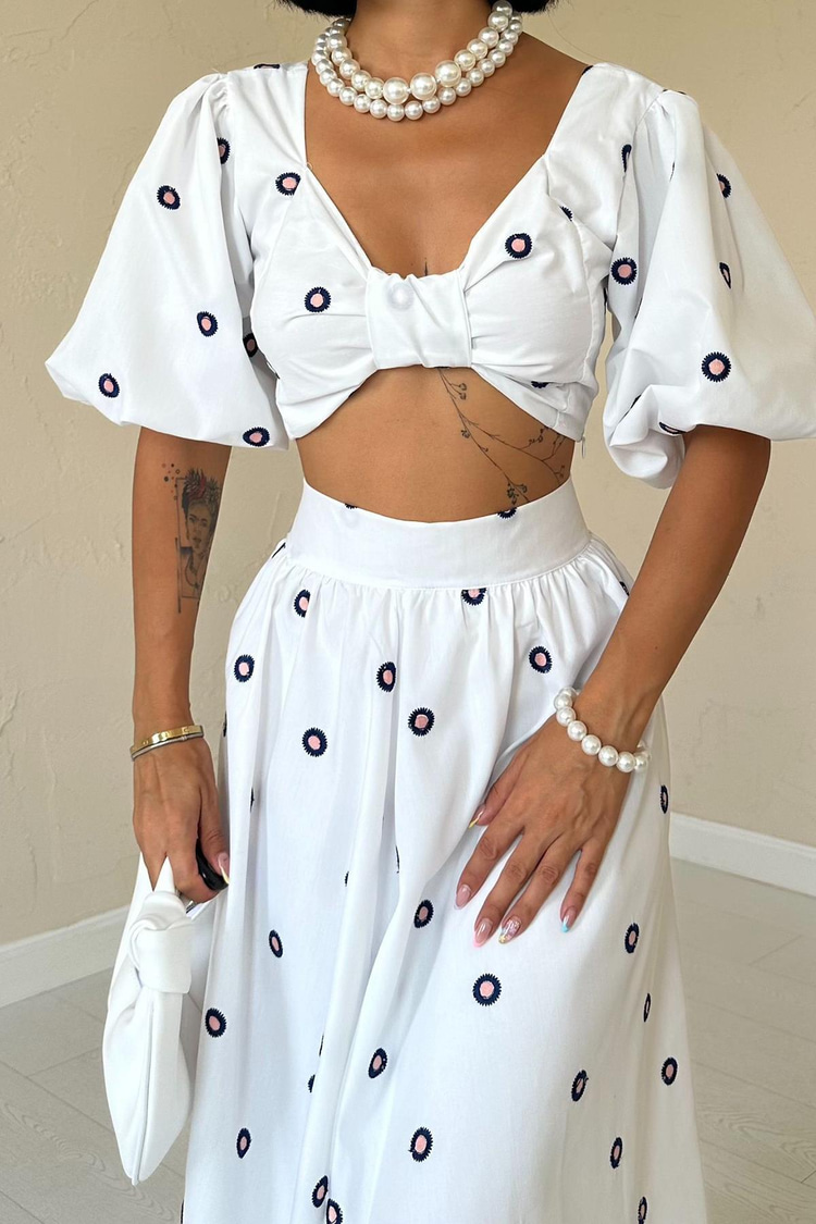 Navy Embroidered Crop Skirt Set