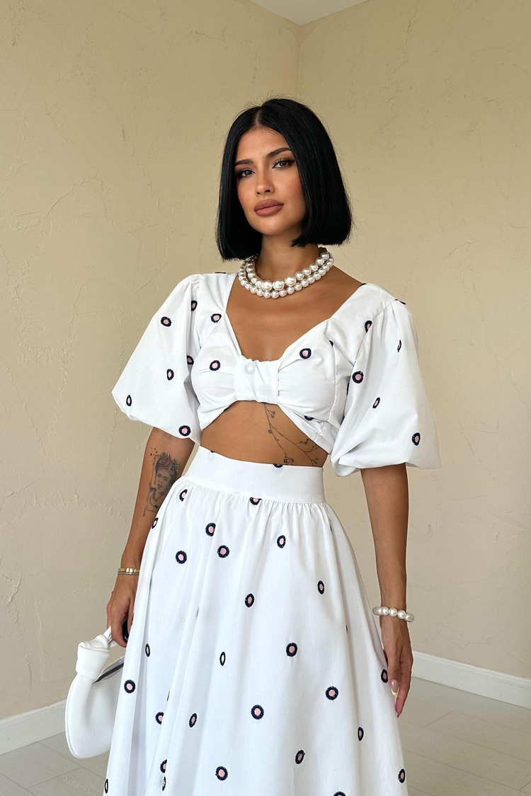 Navy Embroidered Crop Skirt Set