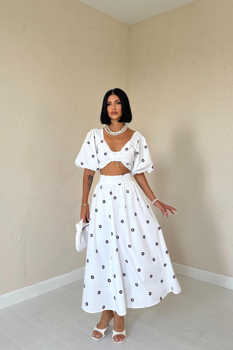 Navy Embroidered Crop Skirt Set