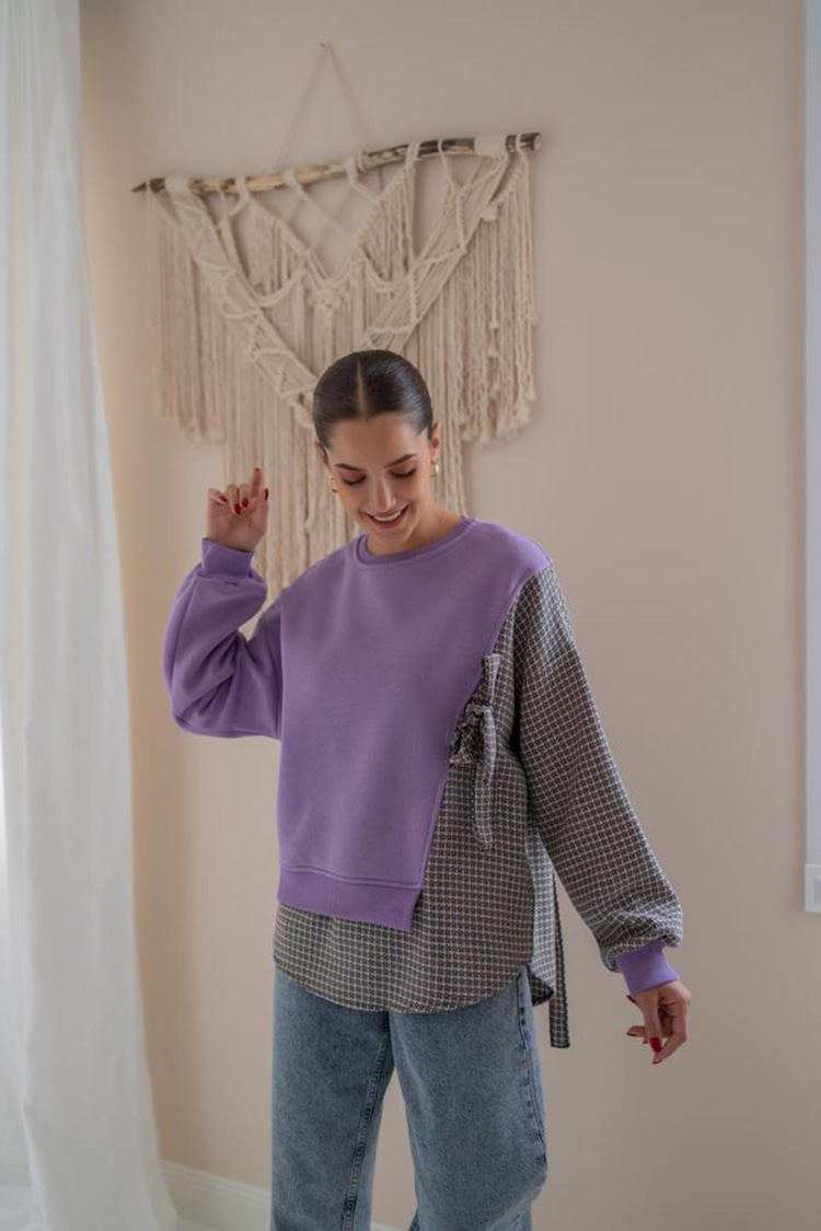 Lila Çizgili Gömlekli Sweatshirt