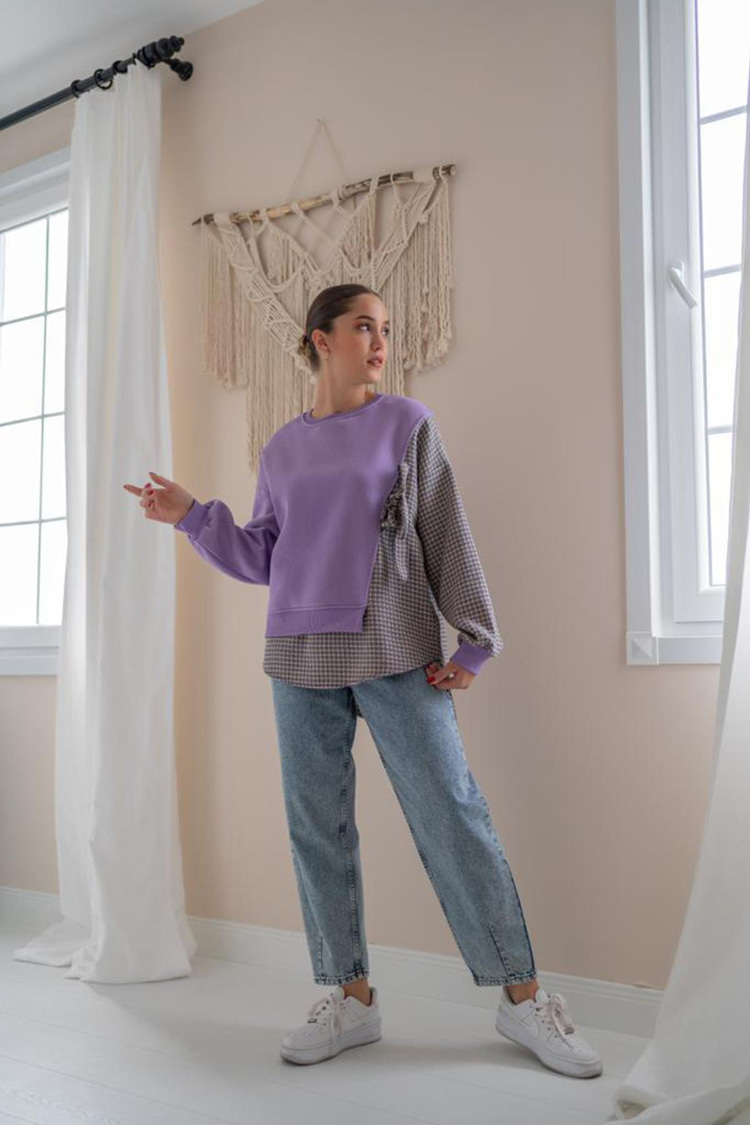 Lila Çizgili Gömlekli Sweatshirt