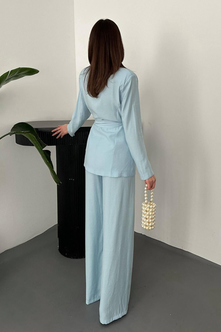 Blue Belted Jacket And Trousers Set