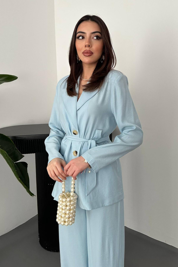 Blue Belted Jacket And Trousers Set
