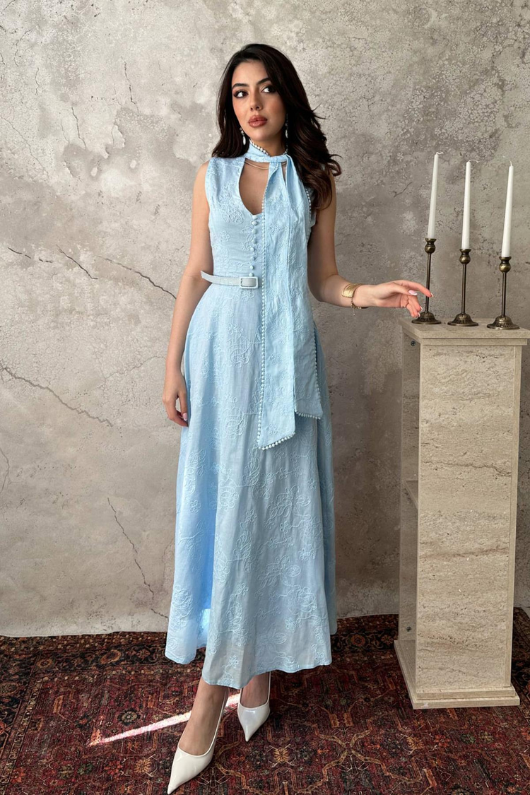 Blue Embroidered Halter Neck Dress