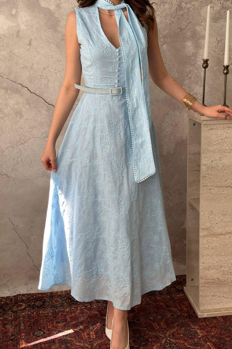 Blue Embroidered Halter Neck Dress
