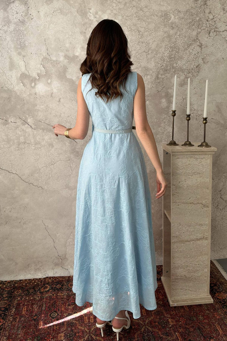 Blue Embroidered Halter Neck Dress