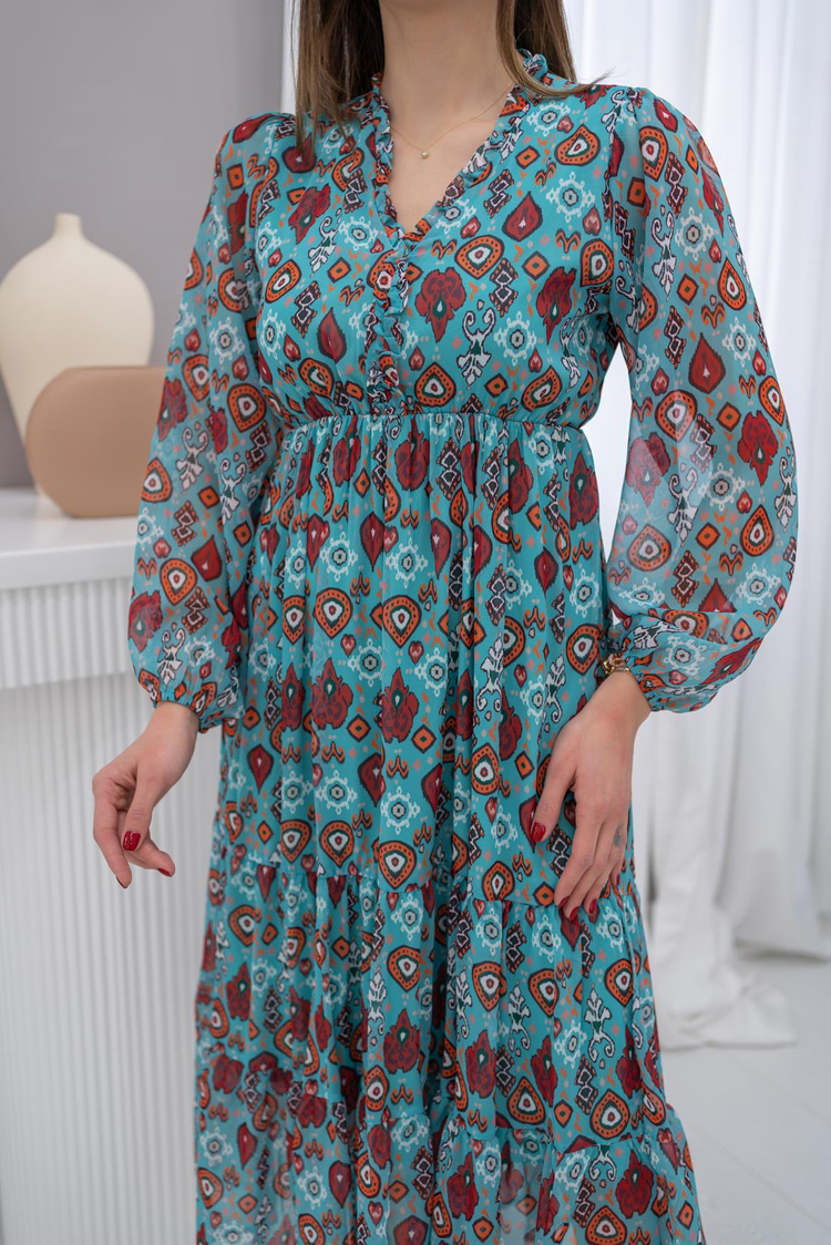 Blue Patterned Chiffon Dress