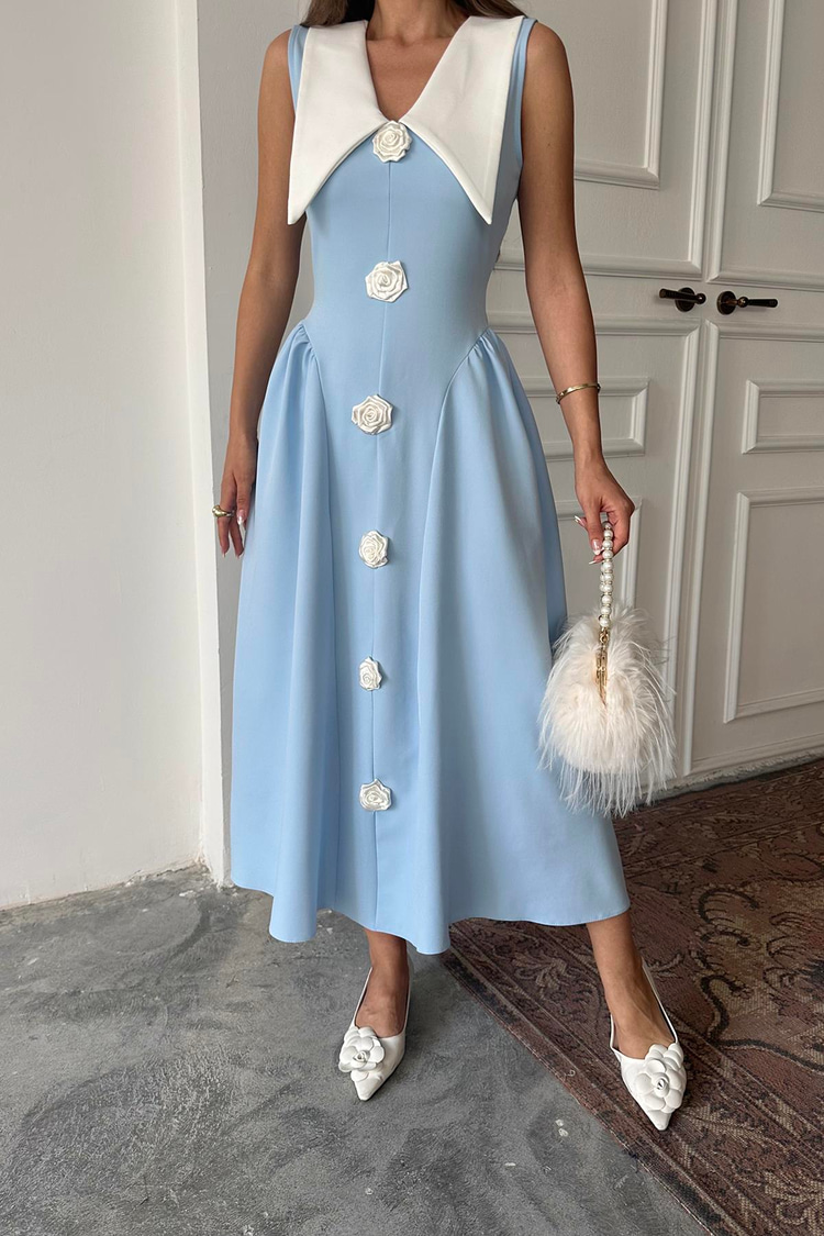 Blue Rose Detailed Satin Dress