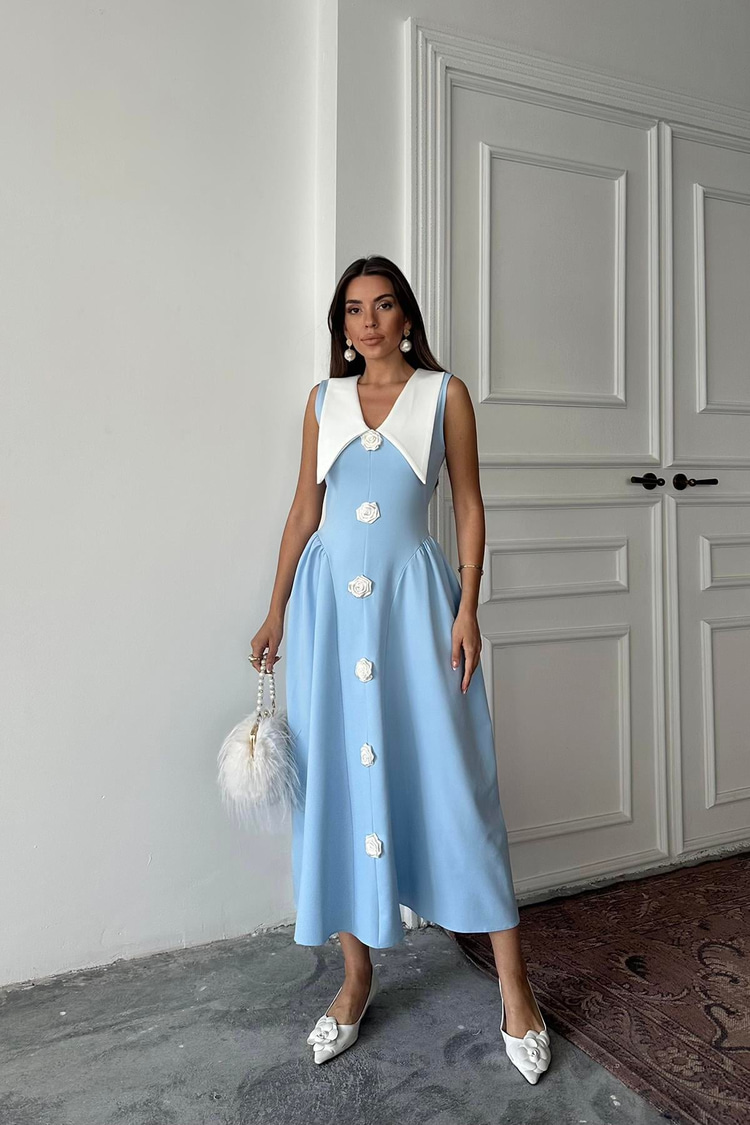 Blue Rose Detailed Satin Dress
